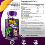 Iron Dinosaur Gummies for Kids with Vitamin C | Sugar-Free, Vegan, Gluten-Free & Non-GMO | Anemia Relief, Energy & Blood Health Support | Grape Flavor, Pectin-Based for Optimal Health (Pack of 2)
