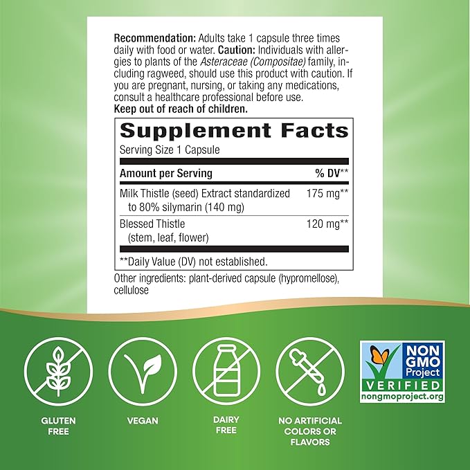 Nature's Way Standardized Milk Thistle 80% Silymarin per serving, TRU-ID Certified, Non-GMO Project Verified, Vegetarian, 120 Vegetarian Capsules, Pack of 2