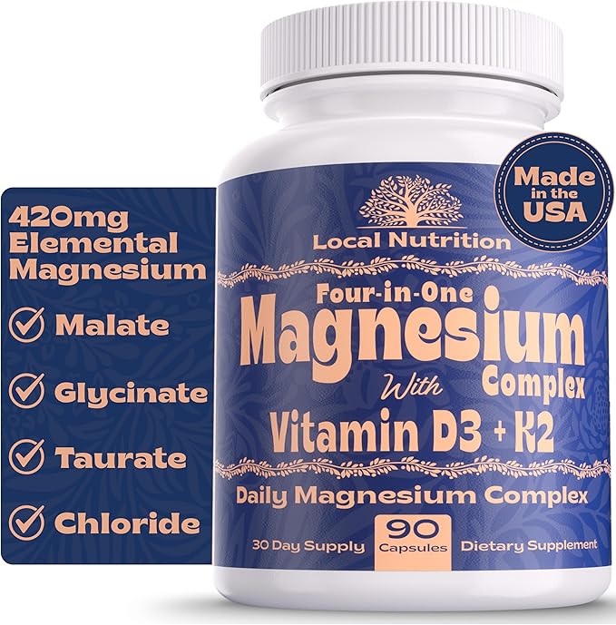 Magnesium Complex 420mg with Vitamin D3 K2 - Four Bioavailable Forms Including Bisglycinate (Glycinate), Malate, Taurate, and Chloride for Superior Absorption - 90 Capsules Made in USA