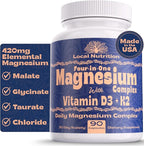 Magnesium Complex 420mg with Vitamin D3 K2 - Four Bioavailable Forms Including Bisglycinate (Glycinate), Malate, Taurate, and Chloride for Superior Absorption - 90 Capsules Made in USA