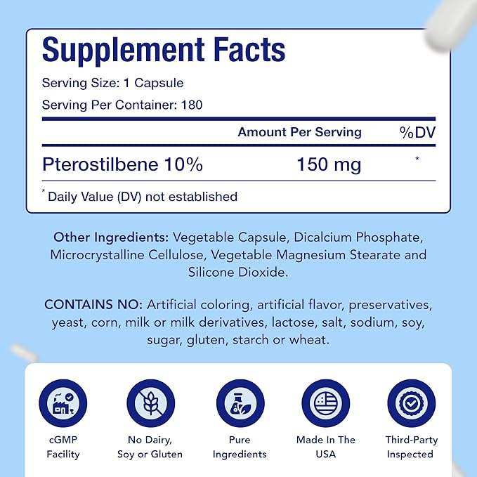 Extra Strength Pterostilbene Supplement | Vegan Friendly 150mg Pterostilbene Capsules | Antioxidant Supplement for Aging Heart Immune and Brain Support | Made in The USA (180 Day Supply)