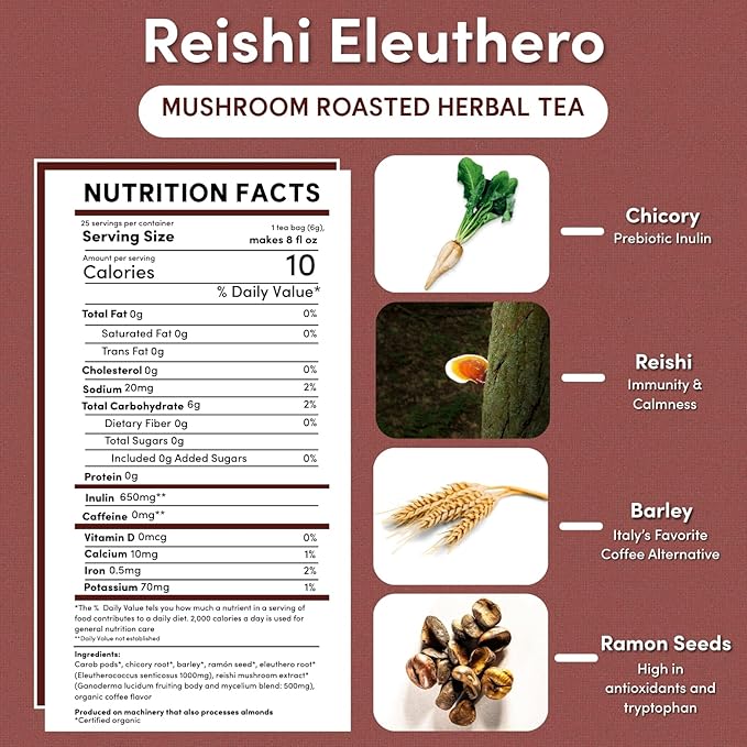 Teeccino Reishi Eleuthero Tea - French Roast - 25 TeaBags, Organic Mushroom Adaptogenic Herbal Tea, 3x More Herbs than Regular Tea Bags, Caffeine Free, Chicory Prebiotic - Pack of 3