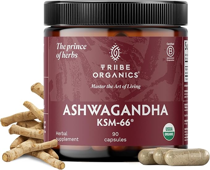 TRIBE ORGANICS Ashwagandha KSM 66 Pure Organic Root Powder Extract Ayurvedic Supplement - Focus Mood Support Increase Energy Strength 600mg of Natural KSM66 for Superior Absorption - 90 Capsules