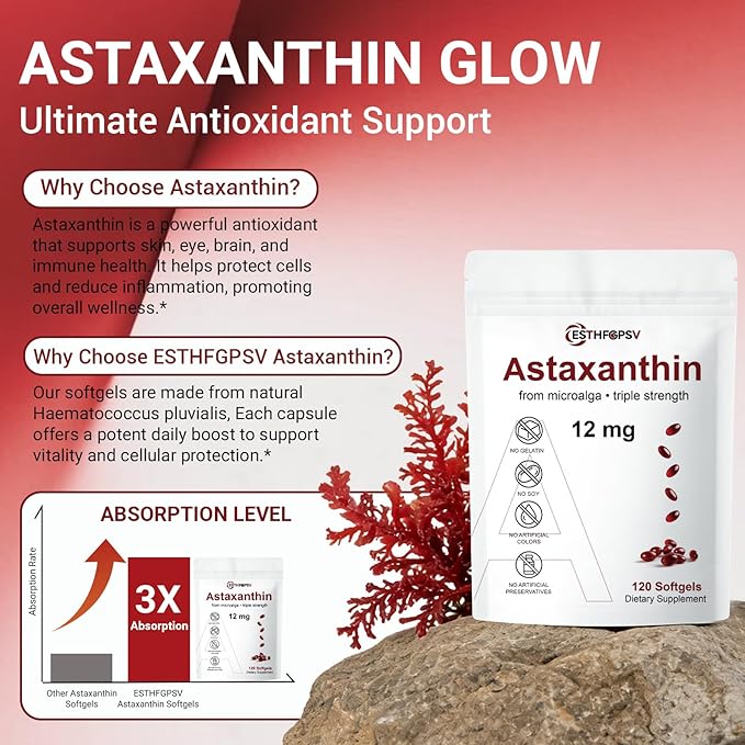 Premium Astaxanthin 12mg Antioxidant Supplement with Vitamin E – 120 Softgels, 4 Month Supply, Microalgae Source, Supports Skin, Eye & Joint Health, Non-GMO, Gluten & Soy Free