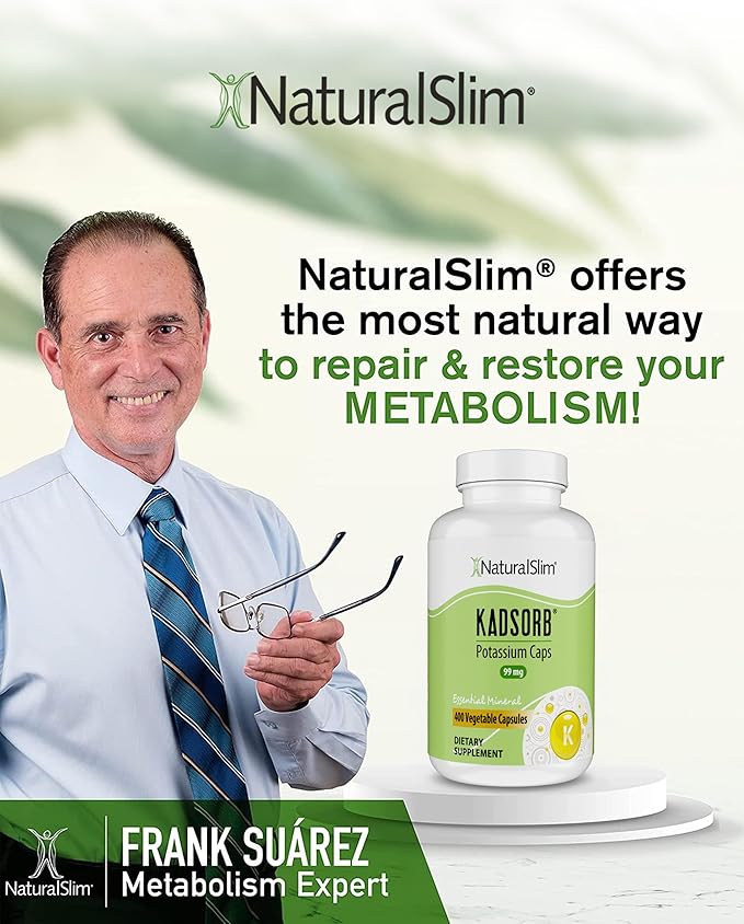 NaturalSlim Natural Potassium Citrate Gluconate 99 mg - Kadsorb Supports Electrolyte Balance & Normal pH - Absorbable Potassium Supplements with Essential Minerals - Non GMO 400 Capsules 2 Pack