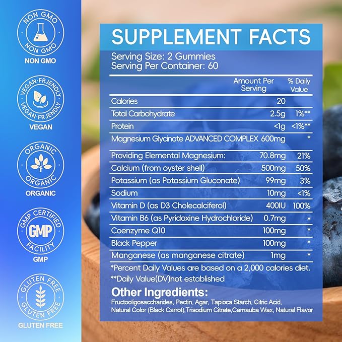 Magnesium Glycinate Gummies 600mg, Chewable Sugar Free Potassium Magnesium Gummies for Sleep, Body Support and Relaxation, Magnesium Supplements with Vitamin D, B6, and CoQ10 for Men & Women