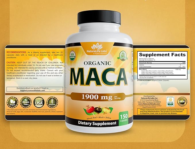 NaturaLife Labs Organic Maca Root – Black, Red & Yellow – 1900 mg per Serving – 150 Capsules – Gelatinized Peruvian Maca – Non-GMO, Gluten-Free, Vegan (2 Pack)