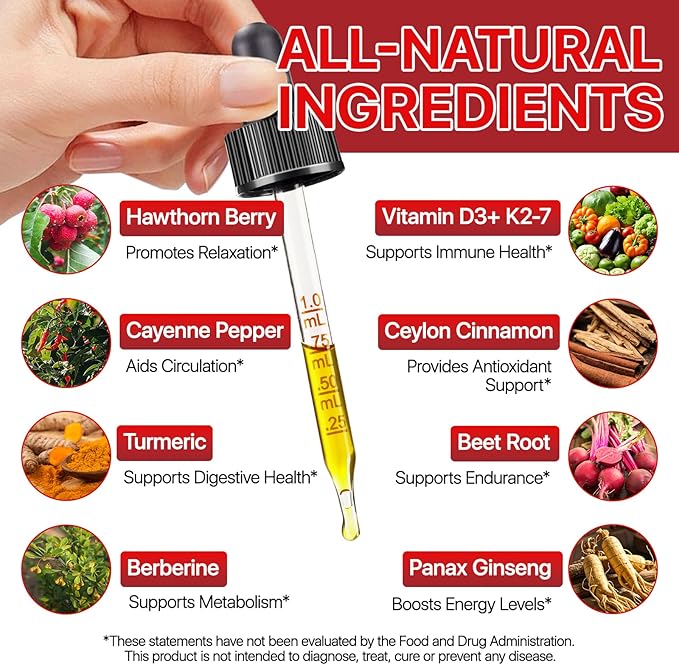 Cayenne Pepper Drops Supplement Liquid with Hawthorn Berry, Vitamin D3 K2 Beet Root Powder, Ceylon Cinnamon, Turmeric Curcumin, Organic Panax Ginseng, Berberine Extract Organic