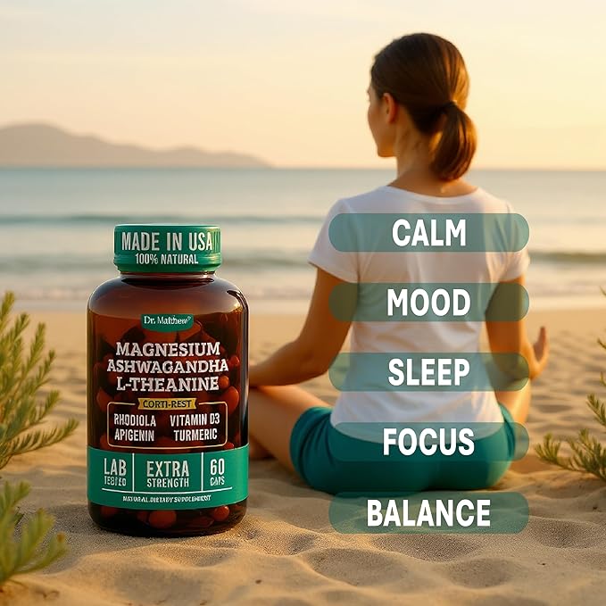 Cortisol Reducer & Adrenal Support Supplement–Natural Stress Relief with Ashwagandha KSM-66, Magnesium Glycinate & Citrate, L-Theanine, Rhodiola, Apigenin, Turmeric & Vitamin D3–Calm Mood & Relaxation