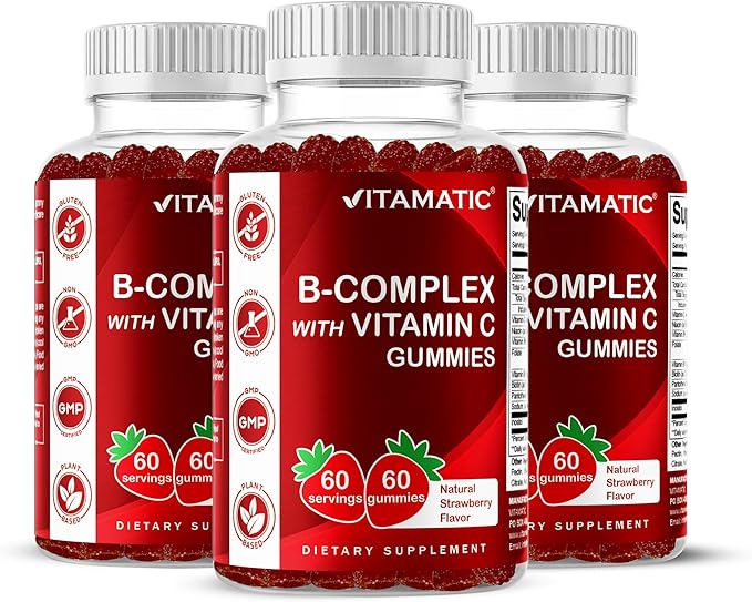 Vitamatic Vitamin B Complex Gummies with Vitamin C & Inositol - Natural Strawberry Flavor - 60 Gummies (3 Bottles)