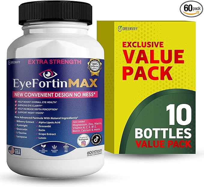 EyeFortin MAX Eye Health Supplement, 60 Capsules, Extra Strength with Lutein, Vitamins A C E B12, Bilberry Extract, 30 Day Supply (10)
