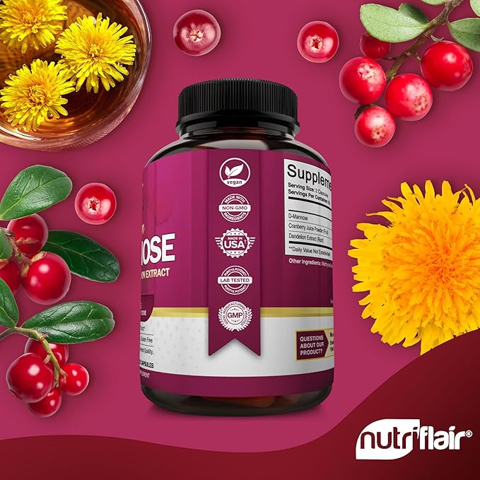 NutriFlair D-Mannose 120 Capsules, 1500mg - with Cranberry and Dandelion Extract - Natural Urinary Tract Health UTI Support - Best D Mannose Powder - Flush Impurities, Detox Body, for Women and Men