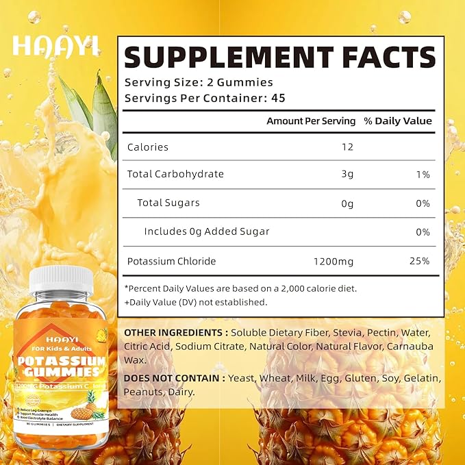 1200mg Potassium Chloride Supplement Gummies for Adults Women Men，High Potassium Supplement Support Leg Cramps & Electrolyte Balance& Heart Health， Sugar Free,Pineapple Flavor,90 Count