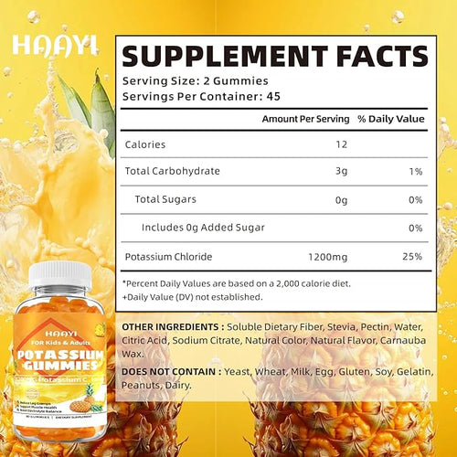 1200mg Potassium Chloride Supplement Gummies for Adults Women Men，High Potassium Supplement Support Leg Cramps & Electrolyte Balance& Heart Health， Sugar Free,Pineapple Flavor,90 Count