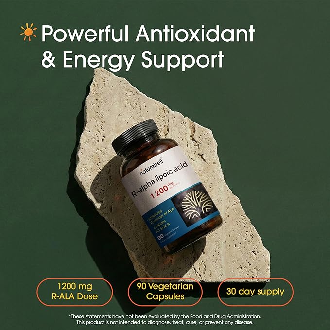 NatureBell R-Alpha Lipoic Acid - 90 Capsules - Delivers 1,200mg R-ALA Per Serving - Antioxidant & Cellular Energy Support* - Stabilized R-Isomer ALA - Non-GMO & Gluten-Free