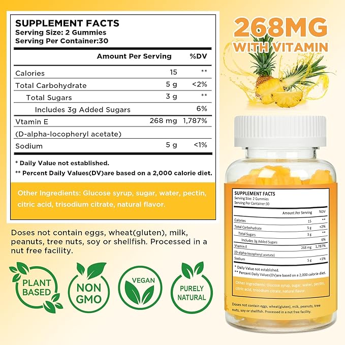 Vitamin E 400 IU Gummies for Immune, 268mg Per Serving Vitamin E Gummies for Women and Men Skin Glow & Cell Wellness, 60 Count Pineapple Flavor Sugar-Free Gluten-Free