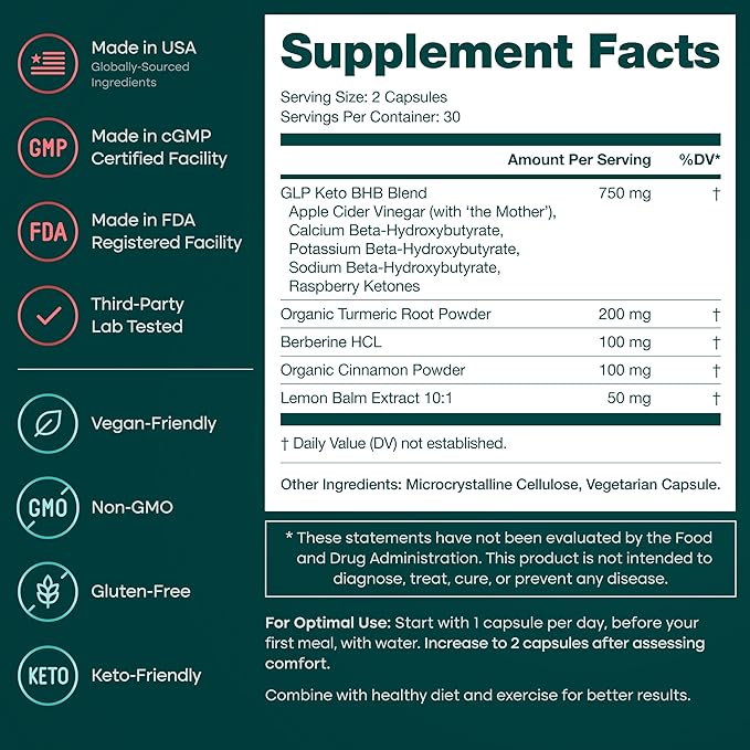Ketosis & GLP-1 Supplement Weight Loss for Women and Men - Appetite Suppressant, Fat Burner and Metabolic Health with BHB Raspberry Ketones, Apple Cider Vinegar, Berberine HCL (Made in US/Lab Tested)