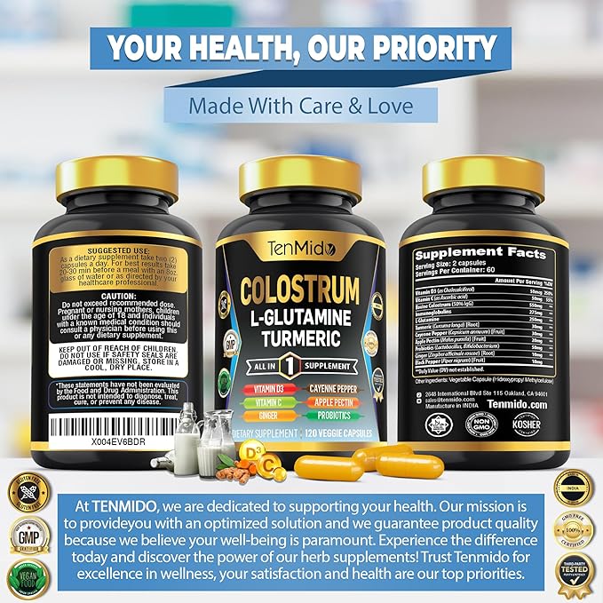 Colostrum Supplement - 10in1 Formula - Combine with L- Glutamine, Turmeric, Cayenne Pepper, Apple Pectin, Probiotics, Ginger, and More - Digestive Health, Immune Support - 120 Capsules