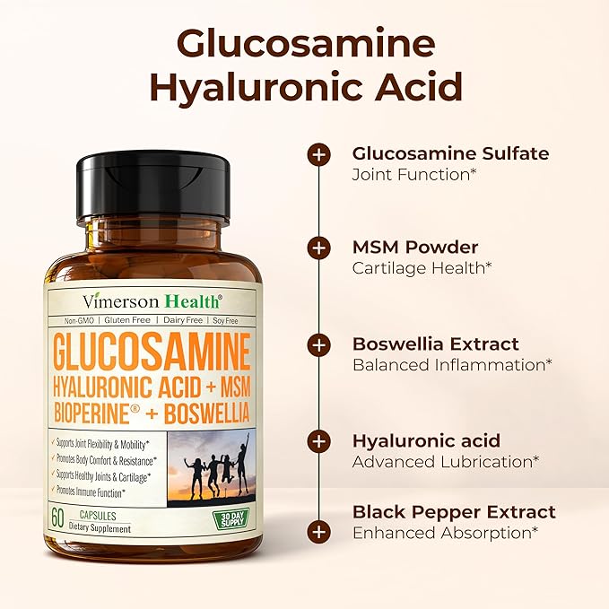 Joint Support Supplement with Glucosamine Sulfate, Hyaluronic Acid, Boswellia & MSM – Supports Joint Health, Mobility & Bone Strength – for Daily Use – FSA Eligible 60 Capsules