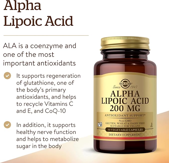 Solgar Alpha Lipoic Acid 200 mg, 50 Vegetable Capsules - Antioxidant Support - Helps to Recycle Glutathione, Vitamin C & E, CoQ-10 - Non-GMO, Vegan, Gluten Free, Dairy Free, Kosher - 50 Servings