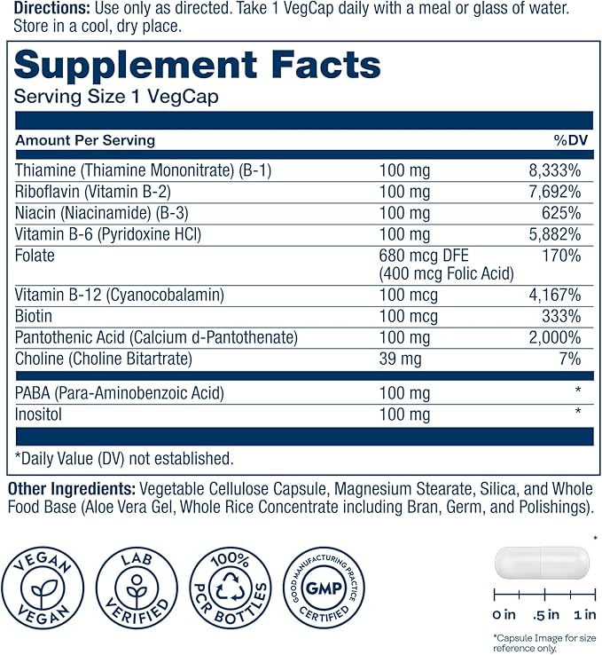 SOLARAY Vitamin B Complex 100mg - Cellular Energy, Nerve and Heart Health Support - Supplies All 8 B Complex Vitamins - Vitamin B12, B1, B2, B3, B6, Niacin, Folic Acid and Biotin - Vegan, 50 Servings