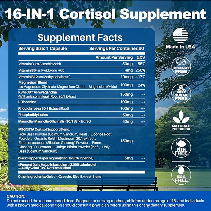 16-in-1 Cortisol Balance & Sleep Support for Women & Men – Natural Calm Formula with Magnesium, Ashwagandha & L-Theanine – Supports Restful Sleep, Relaxation, Focus & Healthy Cortisol Levels