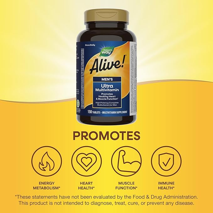 Nature's Way Alive! Men’s Once Daily Ultra Potency Multivitamin Tablets, Complete High Potency Men’s Daily Vitamin Promotes Heart & Muscle Function*, B-Vitamins, Zinc and Antioxidants, 150 Tablets