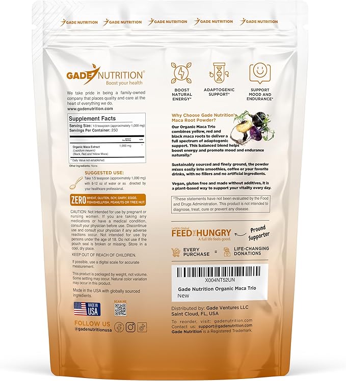 Gade Nutrition Organic Maca Root Trio Powder - Yellow, Red and Black Maca | 250g (8.8 oz) | Non-GMO, Gluten-Free, Dairy Free, Vegan | USA Ma