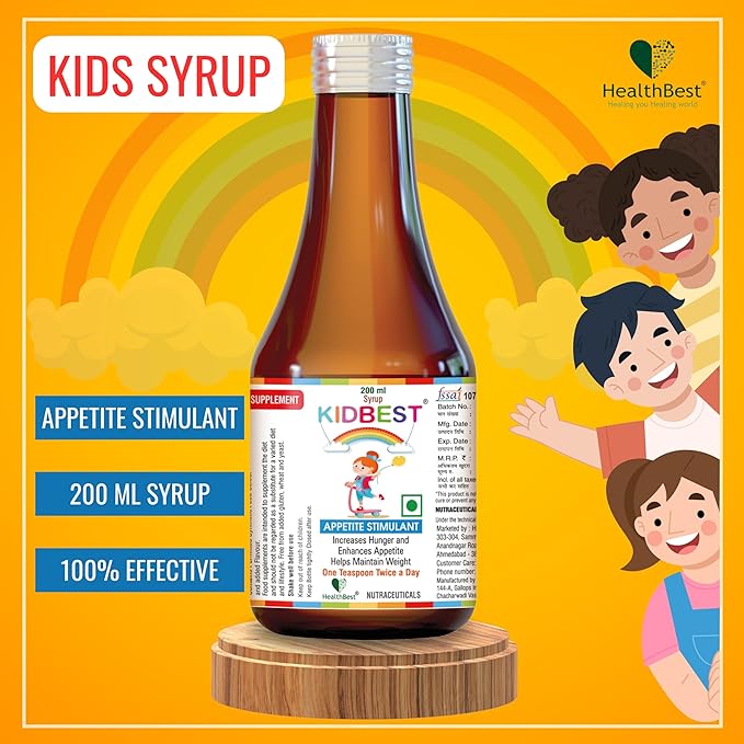 HealthBest Kidbest Appetite Booster for Kids 3-13 Yrs with L-Lysine & B Vitamins Syrup, Helps Healthy Weight Gain, Pineapple Flavor, Increases Hunger, Appetite Stimulant, 200ml