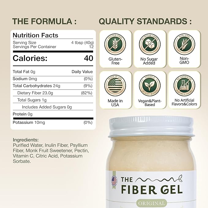 The Fiber Gel High Dietary Fiber Prebiotic Gel Formula — 100% Natural & Clean Label — Plant-Based Psyllium Husk & Inulin Complex — Keto Friendly, Vegan, No Added Sugar — Original, 32 oz