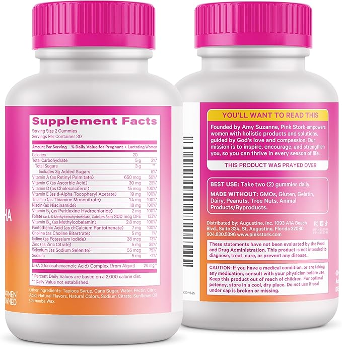 Pink Stork Premium Prenatal Gummy Vitamins with DHA, Folate, and Vitamin D - Multivitamin for Neural Tube and Fetal Brain Development - 60 Vegan Gummies for Morning Sickness Support