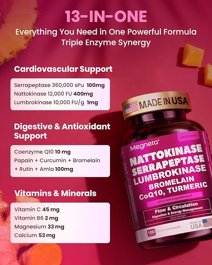 Nattokinase Supplement 12,000 FU (Max Strength) Serrapeptase 360,000 sPU, Lumbrokinase 10,000 FUV & CoQ10 -Systemic Enzymes Complex for Cardiovascular & Circulatory Health Support-100 Capsule