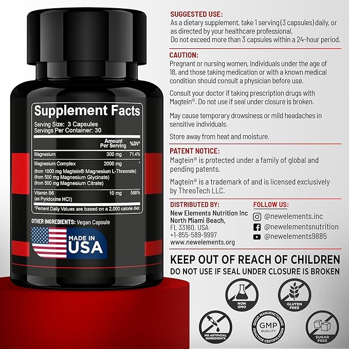Magtein Magnesium L-Threonate – 2000mg Mag Complex with L Threonate, Glycinate, Citrate & Vitamin B6 – Brain Health, Memory, Focus & Mental Clarity | 300mg Elemental Magnesium | 90 Capsules