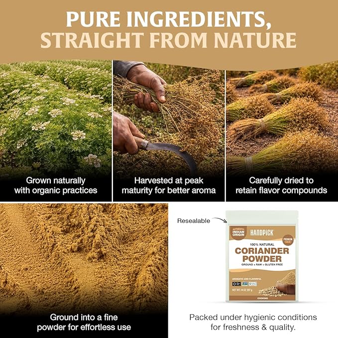 HANDPICK Coriander Powder (14oz) 100% Natural Ground Coriander | Premium Quality and High Value | Non-GMO, Gluten Free, Sourced from India | No Adulterations | Packed in Resealable Ziplock Pouch