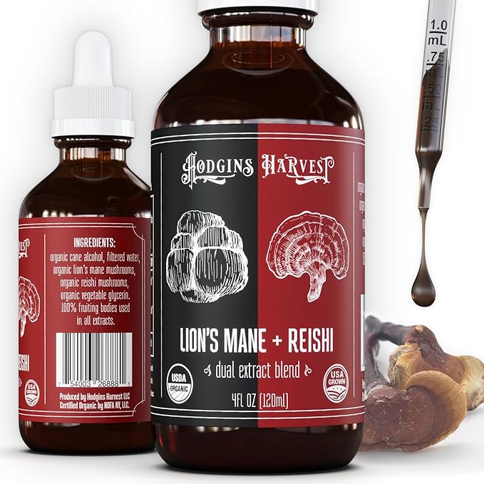 Hodgins Harvest Organic Lion’s Mane + Reishi Tincture | Made with Mushrooms Grown On Our Farm in The USA | Dual Extract | Extra-Concentrated (4 fl oz)