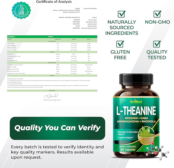 GriMed L-Theanine 11,900mg- X10 Power with Apigenin, GABA Ashwagandha, Rhodiola - Relaxation & Restoration Focus and Memory (150 Count (Pack of 1))
