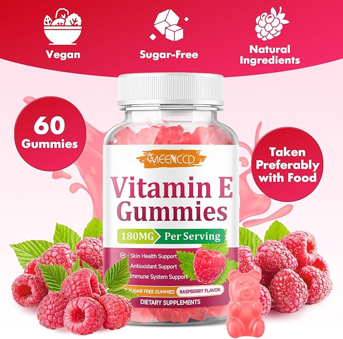 MEENCCD 2 Pack Vitamin E Gummies, 180 mg (400 IU) dl-Alpha, Daily Skin Support, Sugar-Free, Vegan, Non-GMO, Raspberry Flavor, 120 Count