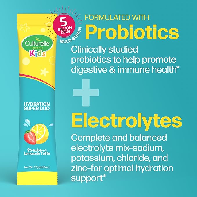Culturelle® Kids Probiotics and Electrolytes Hydration Super Duo, Strawberry Lemonade, Sugar Free‡ Powder Packets for Immune and Digestive Support, 30 Count
