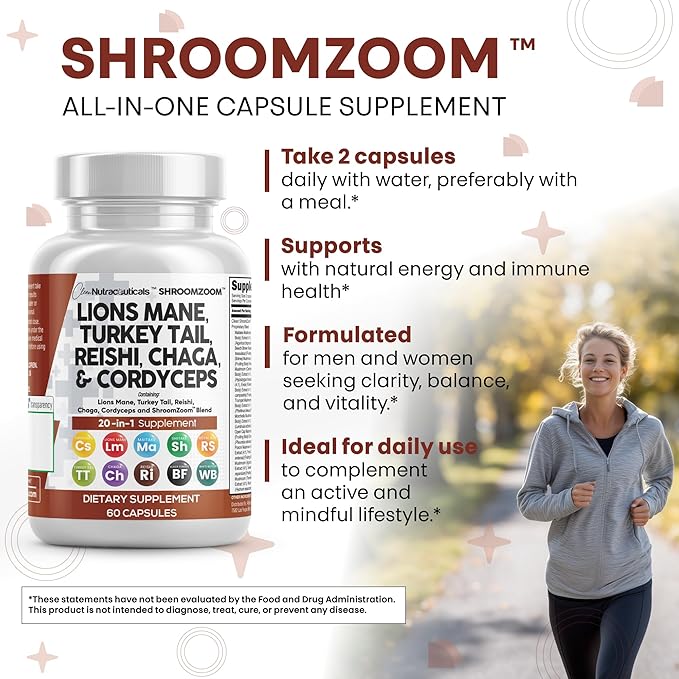 Clean Nutraceuticals Lions Mane 20in1 Mushroom Supplement with Turkey Tail Reishi Cordyceps Chaga Maitake Meshima Poria Cocos Shiitake Oyster Porcini Enoki - 2Pack