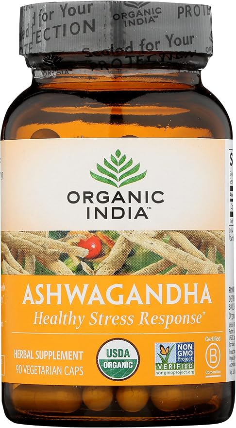 ORGANIC INDIA Ashwagandha Capsules - Organic Ashwagandha Supplement - Vegan Ashwagandha Root, Gluten-Free, Kosher, Non-GMO, Supports Stress Relief, Energy, and Sleep - 90 Capsules