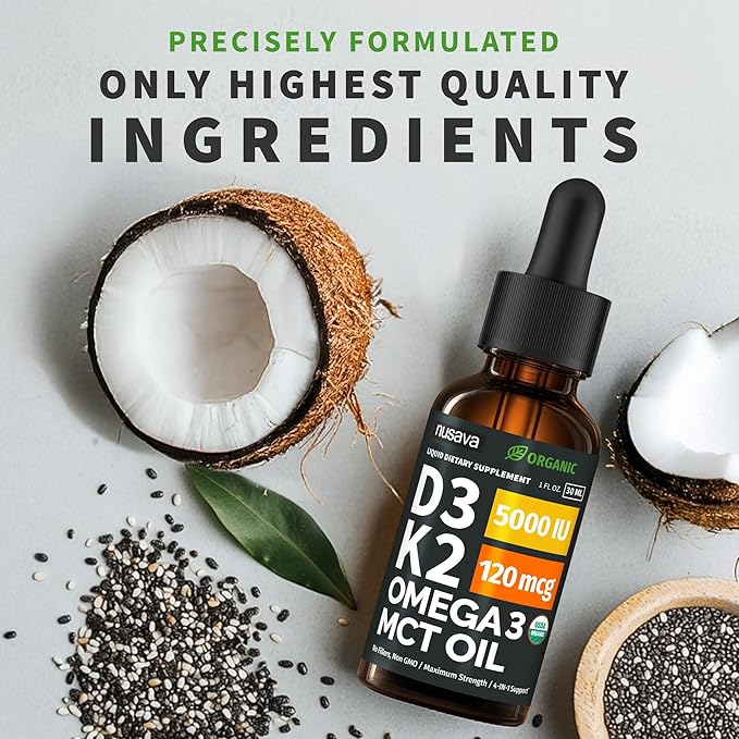 (4 Pack) Organic Vitamin D3 K2 Drops with MCT Oil Omega 3, 5000 IU - Maximum Strength Vitamin D Liquid, No Fillers, Non-GMO Liquid D3 for Faster Absorption and Immune Support, Unflavored, 4 Fl Oz