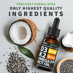 (4 Pack) Organic Vitamin D3 K2 Drops with MCT Oil Omega 3, 5000 IU - Maximum Strength Vitamin D Liquid, No Fillers, Non-GMO Liquid D3 for Faster Absorption and Immune Support, Unflavored, 4 Fl Oz