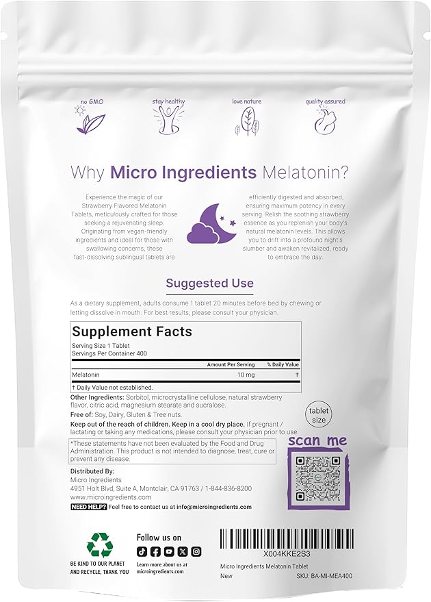 Micro Ingredients Melatonin 10mg, 400 Tablets | Natural Strawberry Flavor | Fast Dissolve | No Drug | Vegetarian Friendly | Non-GMO, No Gluten, Sugar Free