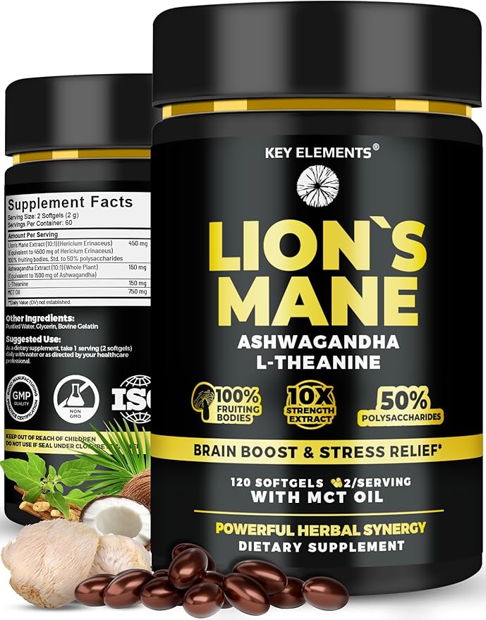 KEY ELEMENTS Organic Lions Mane Supplement Capsules with MCT Oil for Brain Support & Relaxed Focus - Lion's Mane Extract with Ashwagandha and L-Theanine - Lions Mane Mushroom Softgels