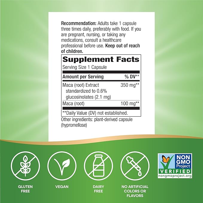 Nature's Way Maca Standardized Extract, Supports a Healthy Libido*, Standardized to 0.6% Glucosinolates, Non-GMO Project Verified, 60 Vegan Capsules (Packaging May Vary)