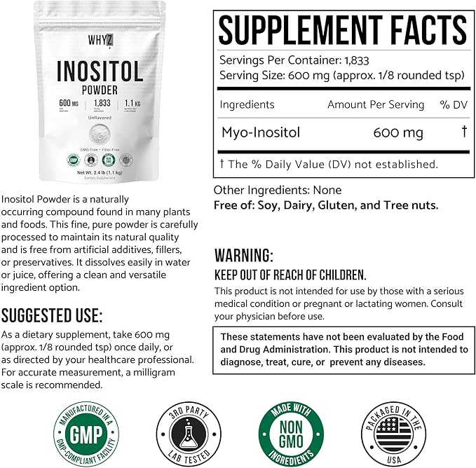 Pure Myo-Inositol Powder Unflavored Inositol Supplement Powder 2.4 lb for Women and Men Smooth-Mixing for Daily Balance and Wellness Vegan Non-GMO Gluten-Free, 1100g