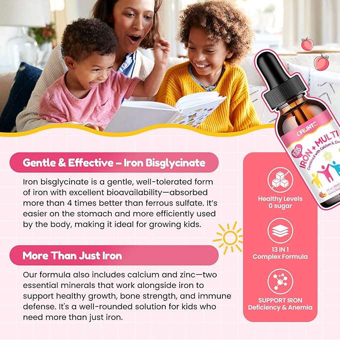 Liquid Iron Supplement for Kids, Women & Men - with Calcium, Zinc, Kids Multivitamin with Iron Drops - Blood Builder & Energy Support for Iron Deficiency, Anemia, Peach Flavor 4 Fl Oz