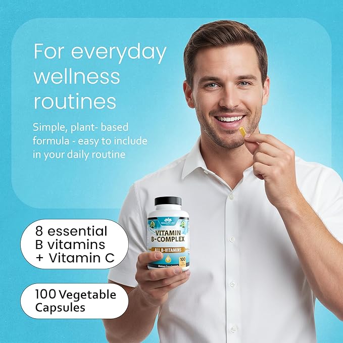 NaturaLife Labs Vitamin B-Complex with Vitamin C – Includes Active B2 (Riboflavin-5-Phosphate), B6 (Pyridoxal-5-Phosphate), B9 (5-MTHF) and B12 (Methylcobalamin); plus B1, B3, B5 and B7 – 100 Capsules
