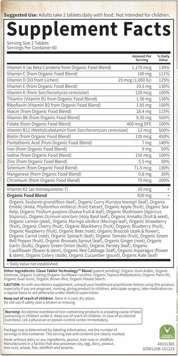 Garden of Life Organics Women's Multivitamin with Vitamin C, D3, Folate, B12, Biotin & Iron – Women's Multivitamin for Energy, Heart Health & Radiant Skin, USDA Organic, Non-GMO, Vegan, 120 Tablets