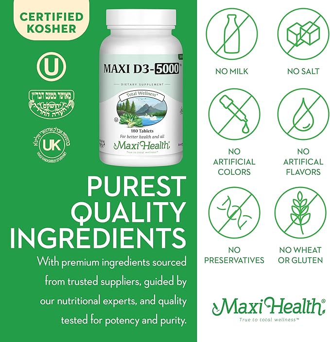 Vitamin D3 5000 IU (125 mcg) - High Dose Vitamin D 5000 IU for Healthy Bones, Teeth, Immune Support - Kosher Non GMO - High Potency Vit D3 - Pure Vitamin D Supplements for Women and Men - 180 Tablets